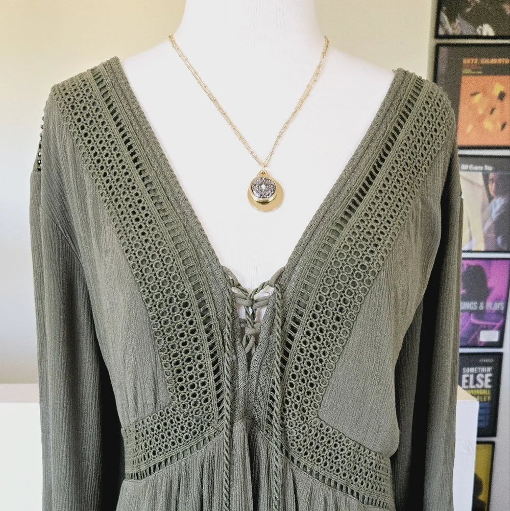 TORRID Mini Gauze Lace-Up Skater Dress Olive Green 4X - Picture 4 of 14